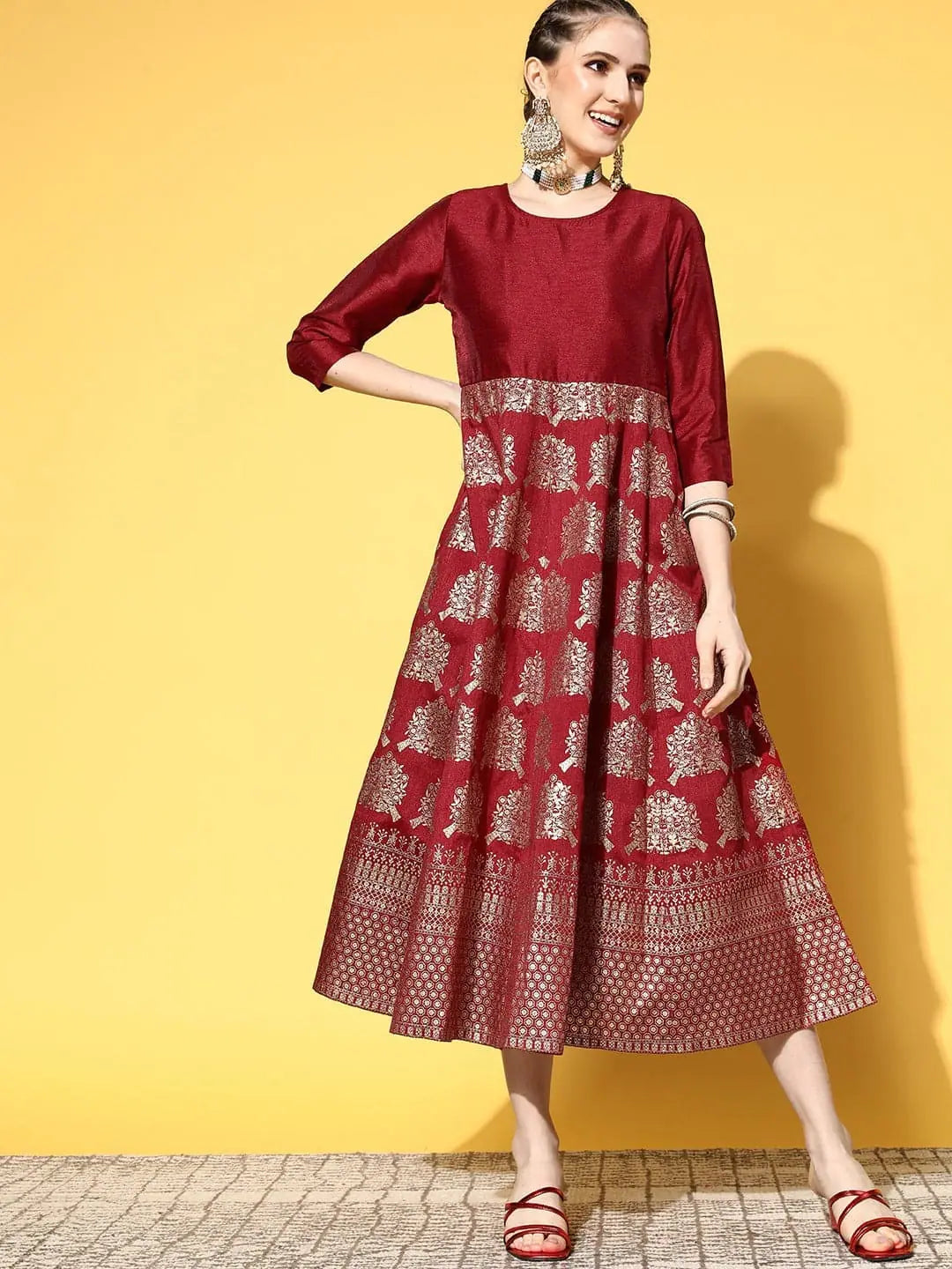 Maroon Foil Print Anarkali Dress - Elegant Anarkali Gown
