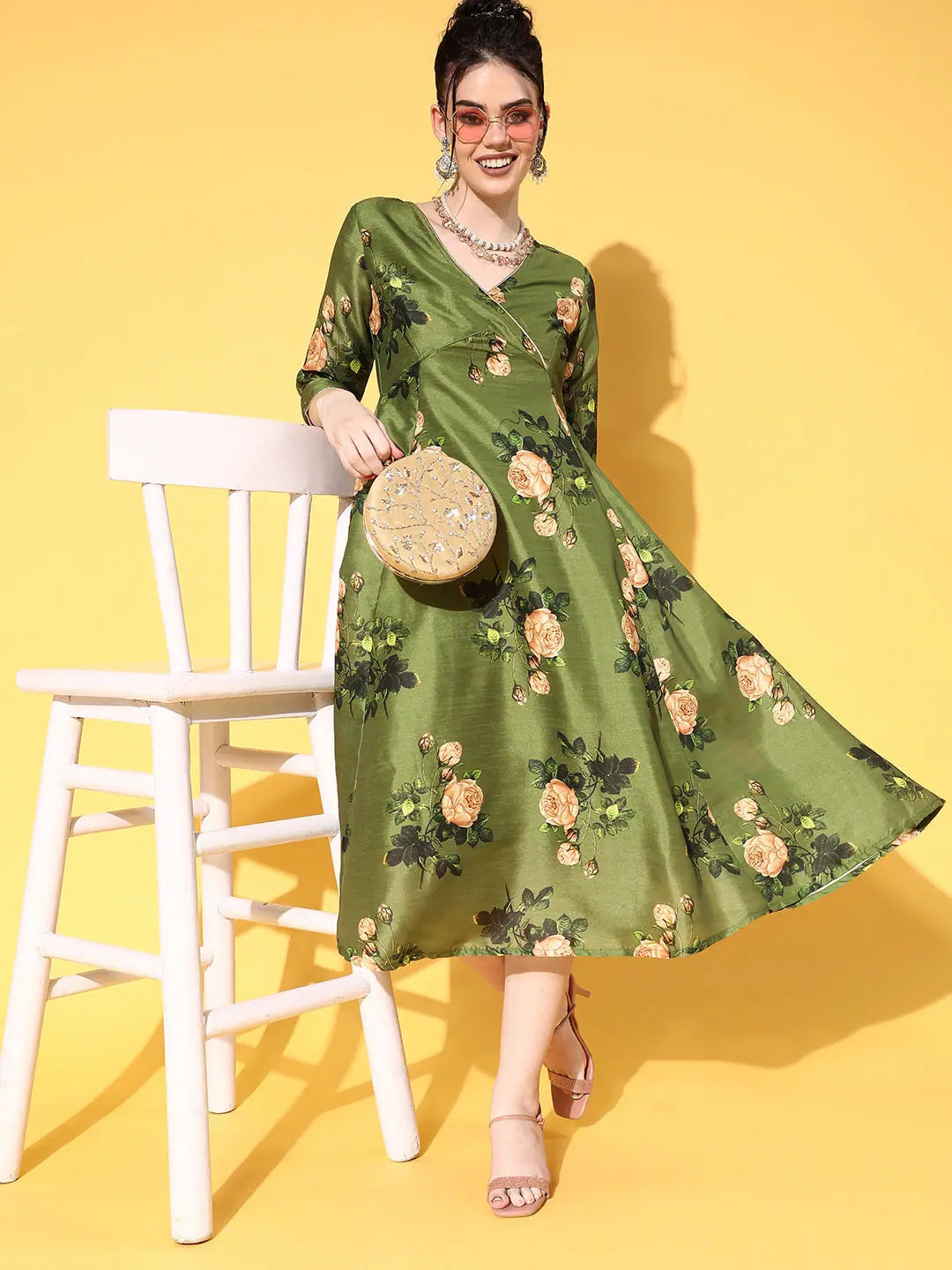Green Floral Chanderi Wrap Anarkali Dress | Anarkali Kurta