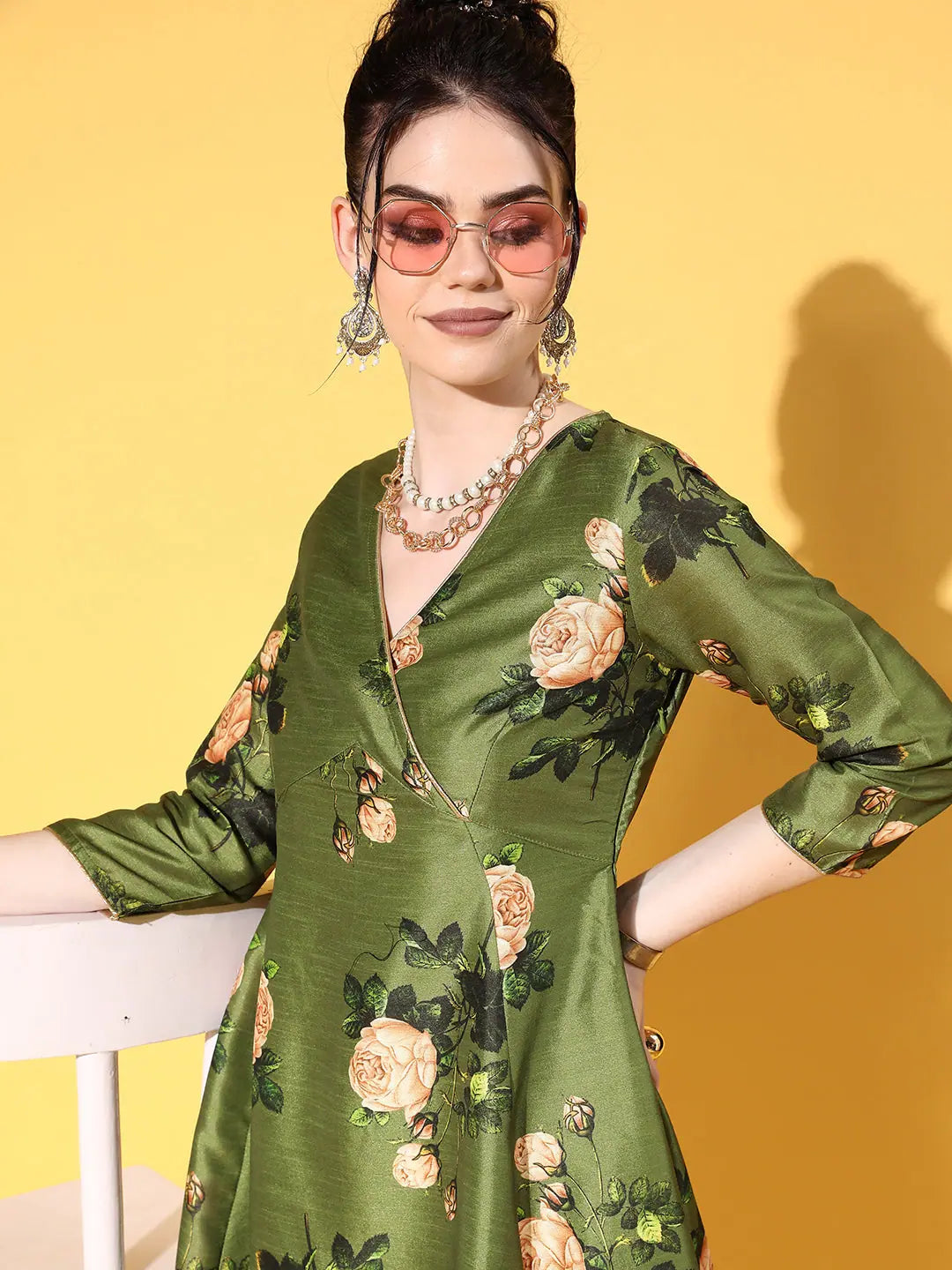 Green Floral Chanderi Wrap Anarkali Dress | Anarkali Kurta