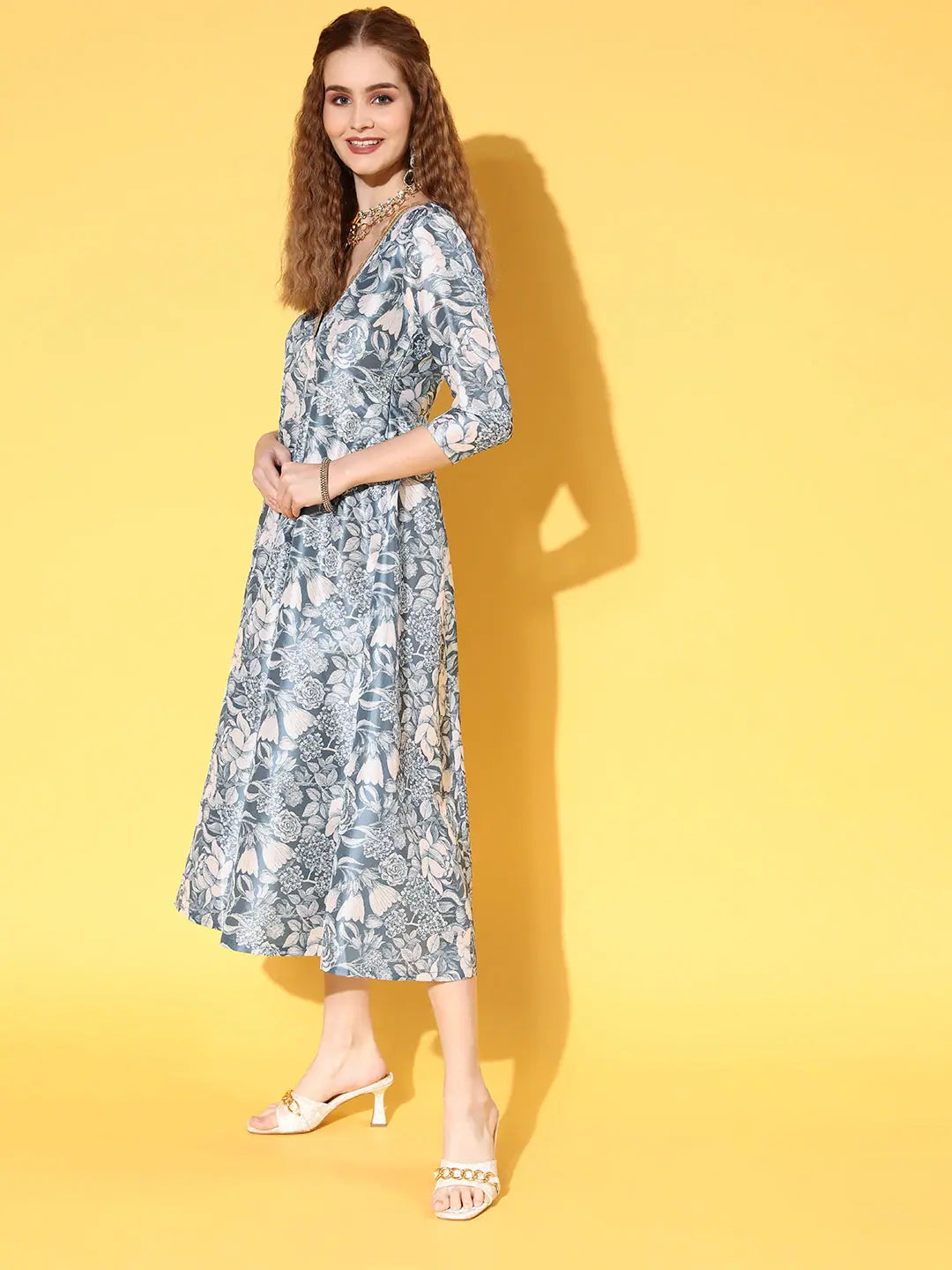 Blue Floral V Neck Anarkali Dress - Shop Anarkali Kurti Online