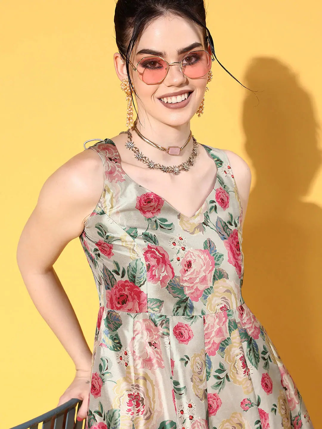 Grey Floral Anarkali Dress | Sleeveless Anarkali Kurti for Women