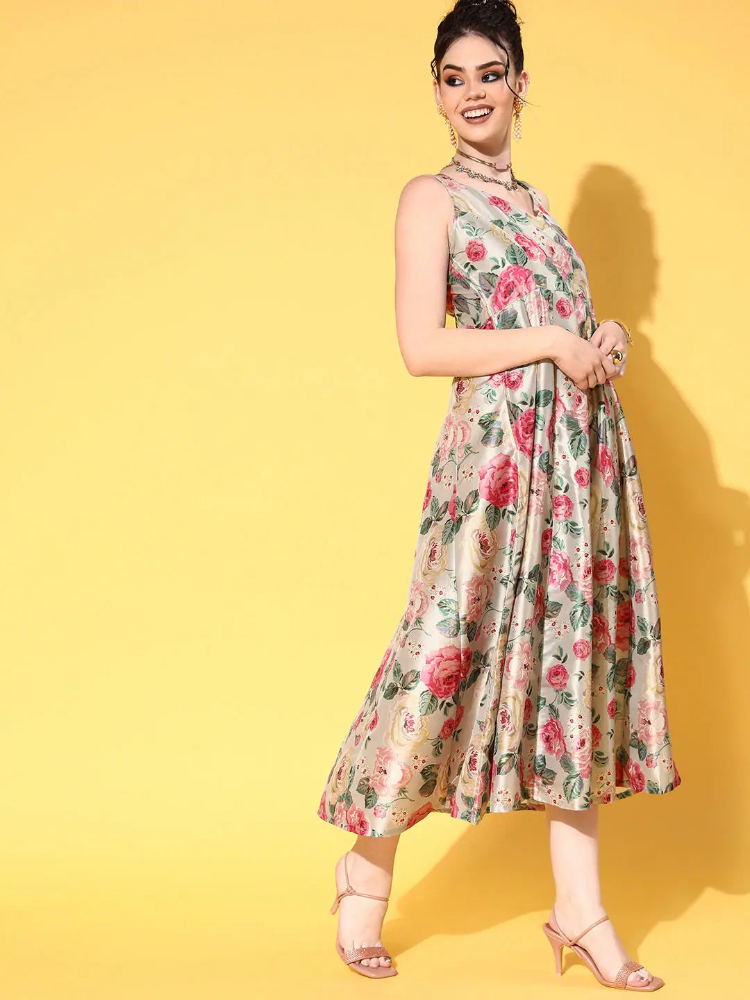 Grey Floral Anarkali Dress | Sleeveless Anarkali Kurti for Women