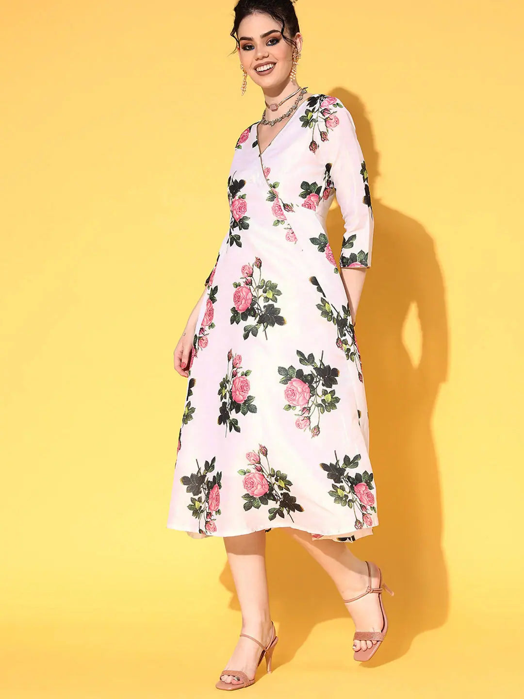 White Floral Chanderi Anarkali Dress | Wrap Anarkali Kurti