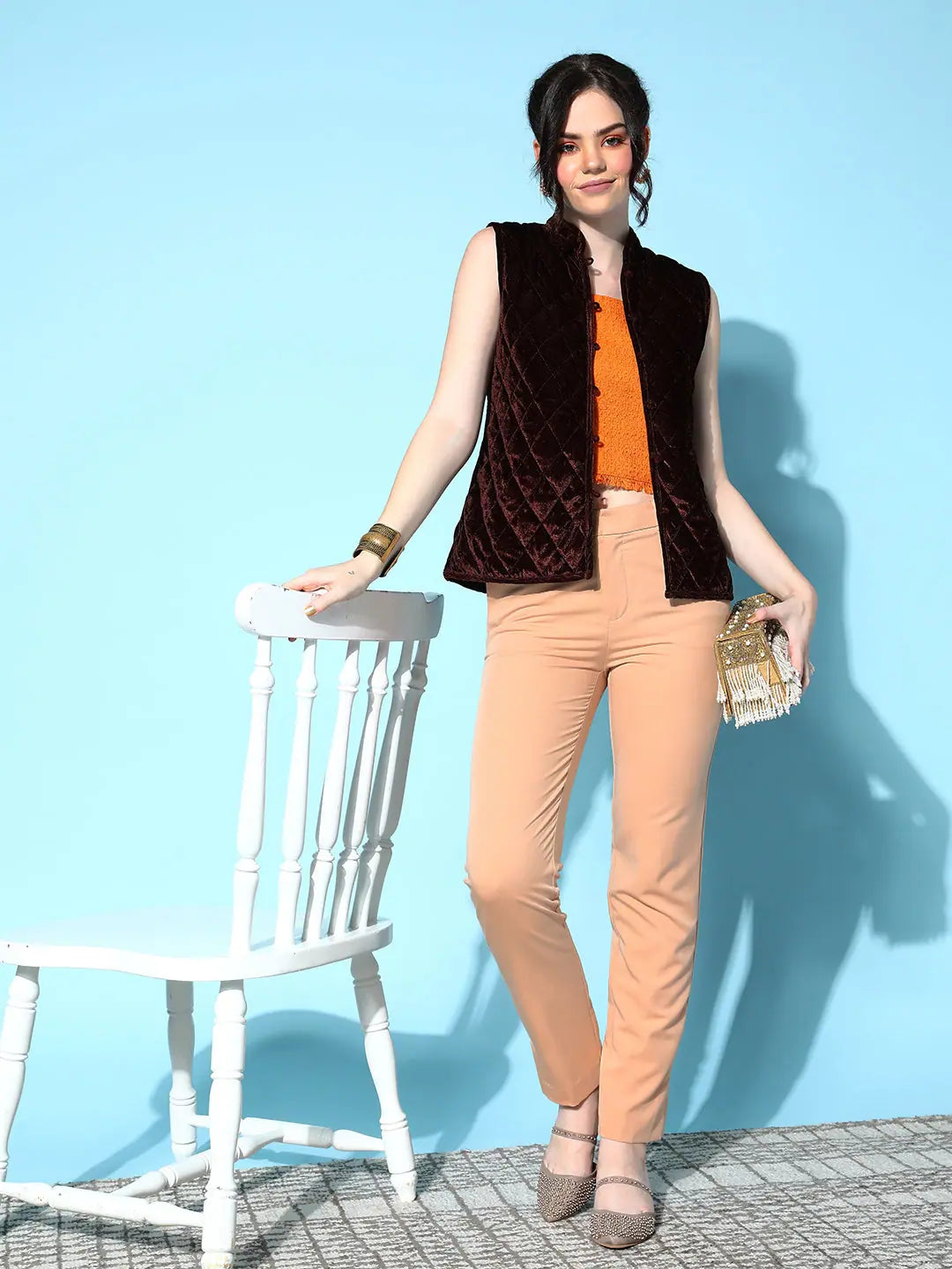 Brown Velvet Sleeveless Jacket | Women's Winter Coats