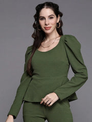 Women Olive Shimmer Full Sleeves Peplum Top