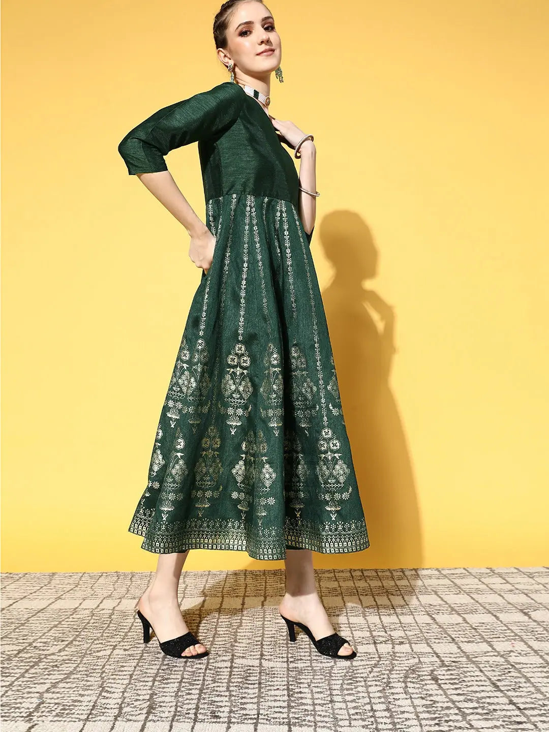Emerald Green Foil Print Anarkali Dress | Maxi Length Anarkali