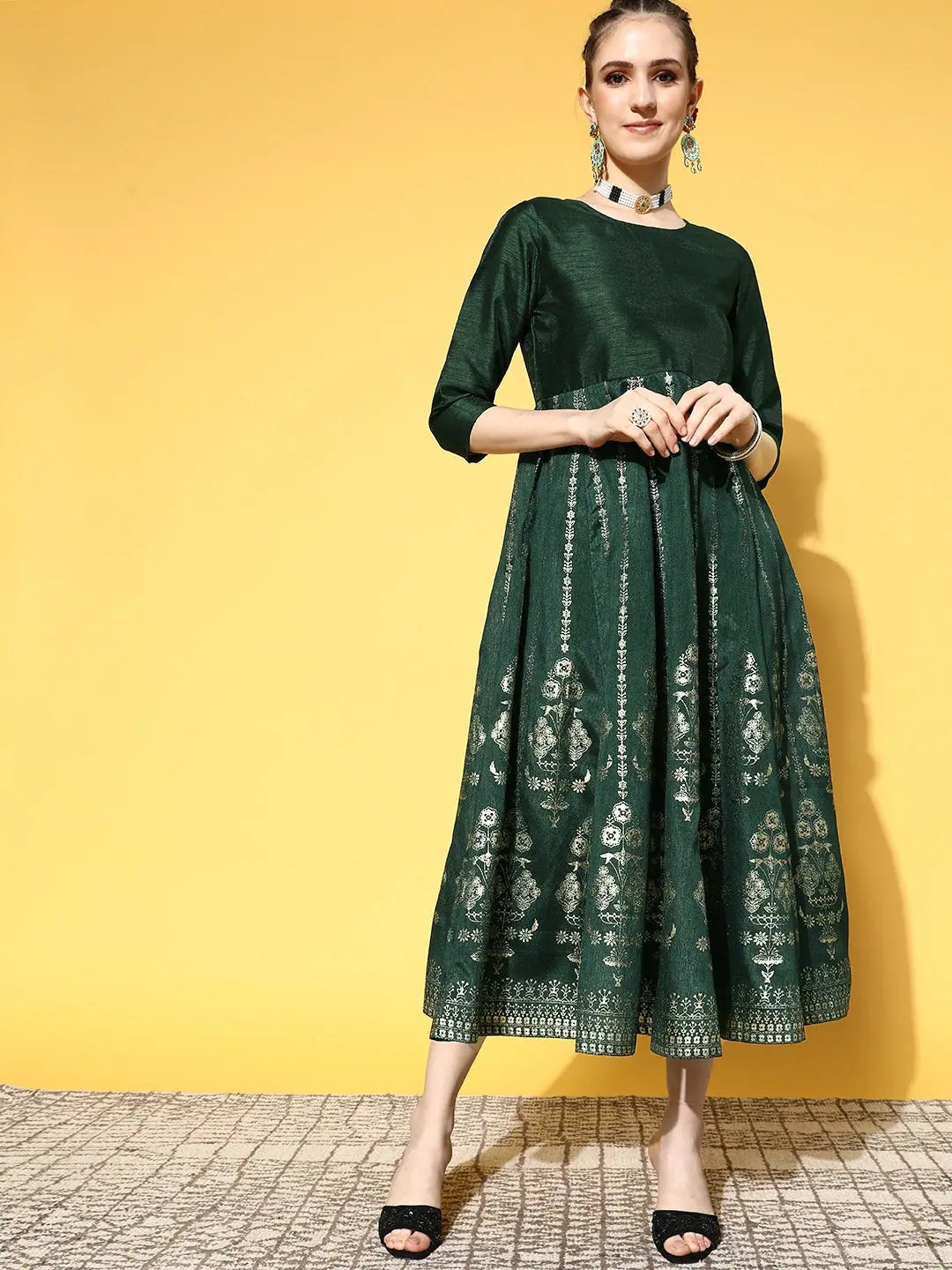 Emerald Green Foil Print Anarkali Dress | Maxi Length Anarkali