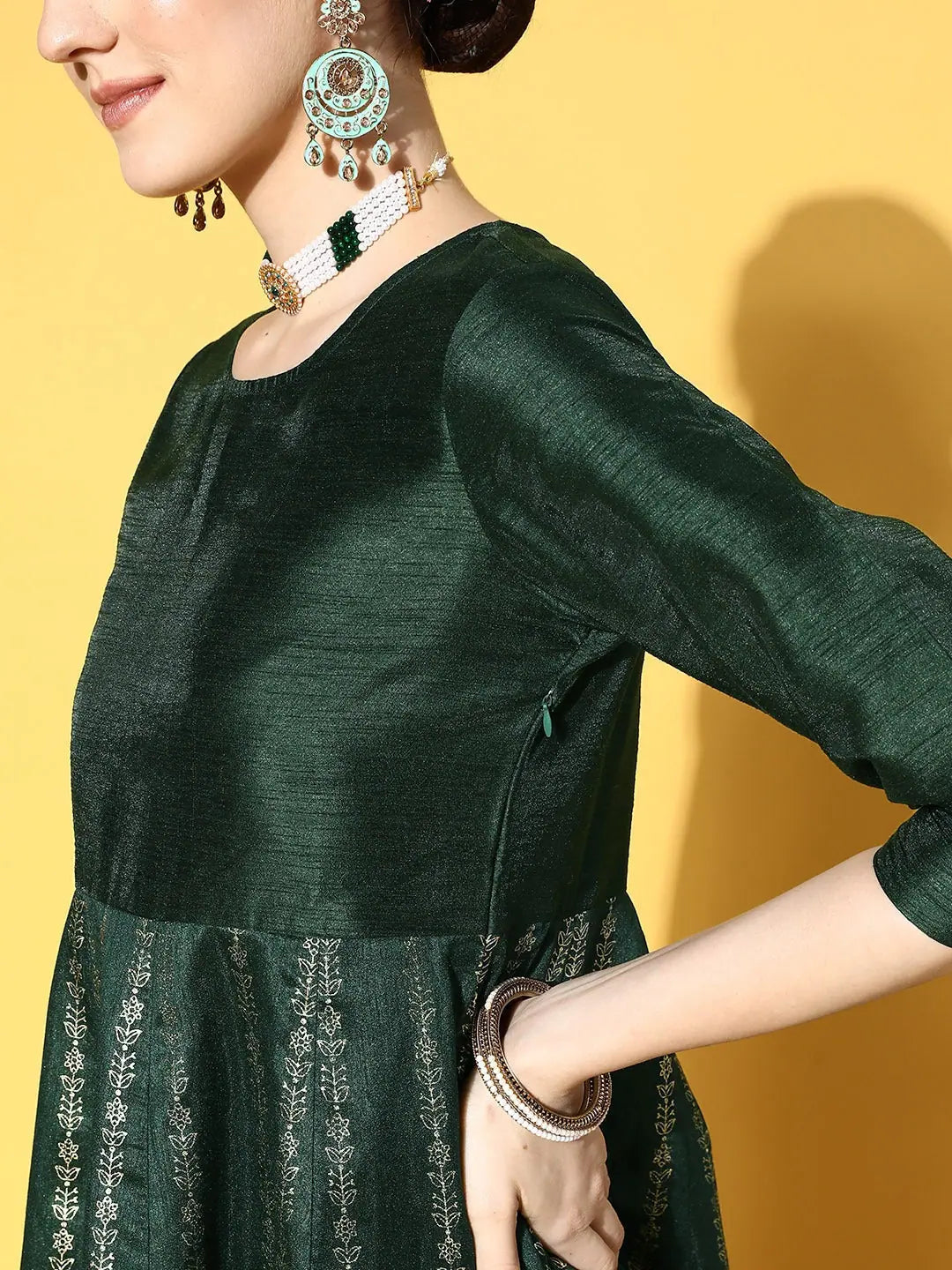 Emerald Green Foil Print Anarkali Dress | Maxi Length Anarkali