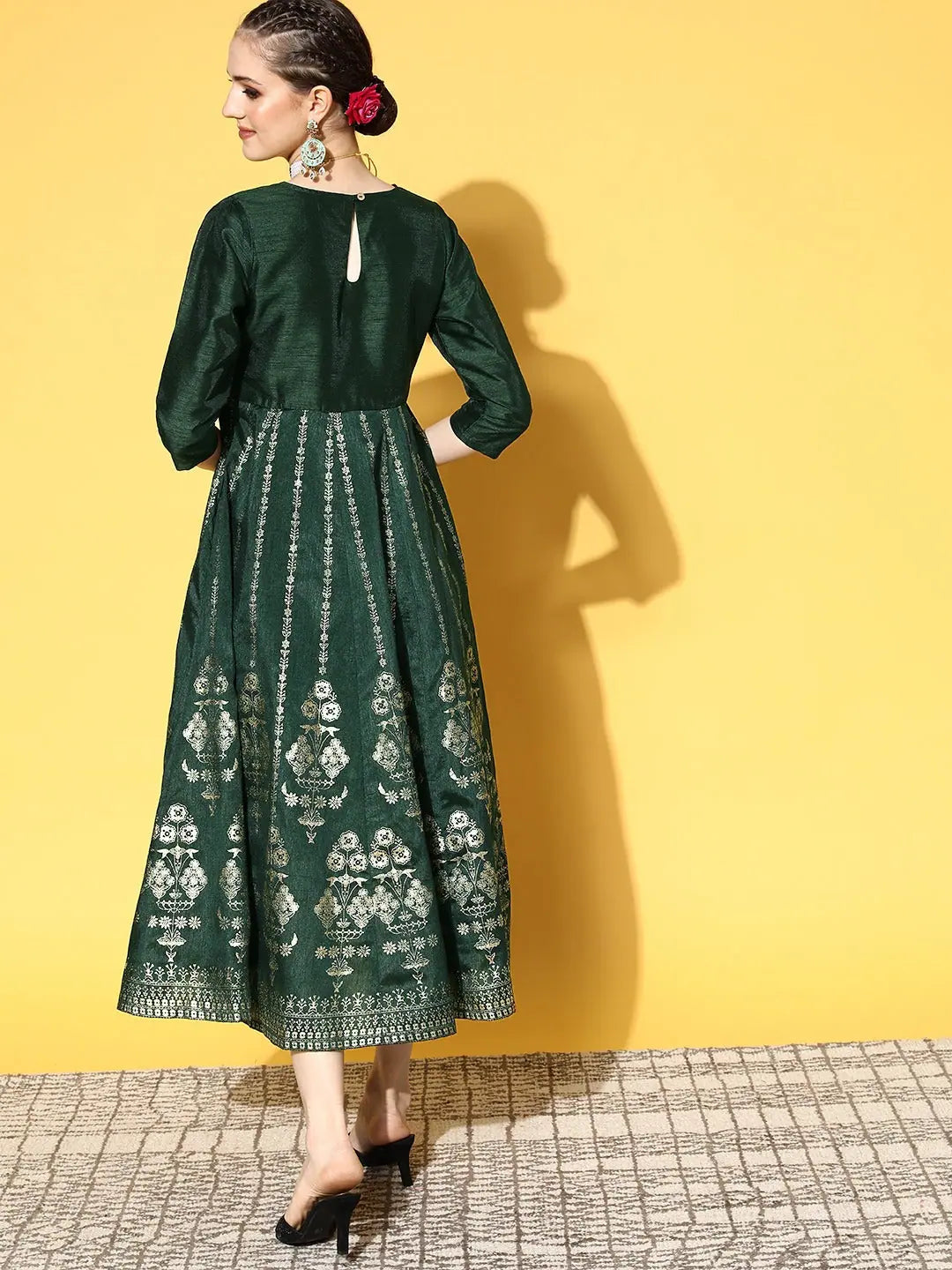 Emerald Green Foil Print Anarkali Dress | Maxi Length Anarkali
