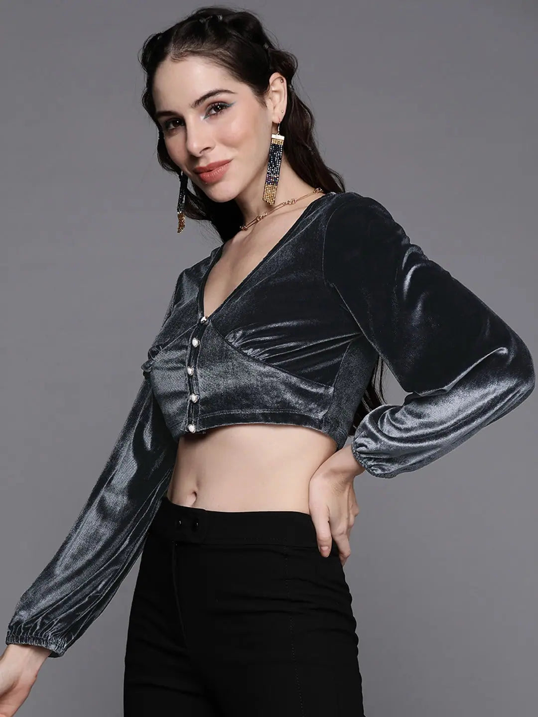 Grey Velvet V-Neck Top - Women's Western Wear Outfits