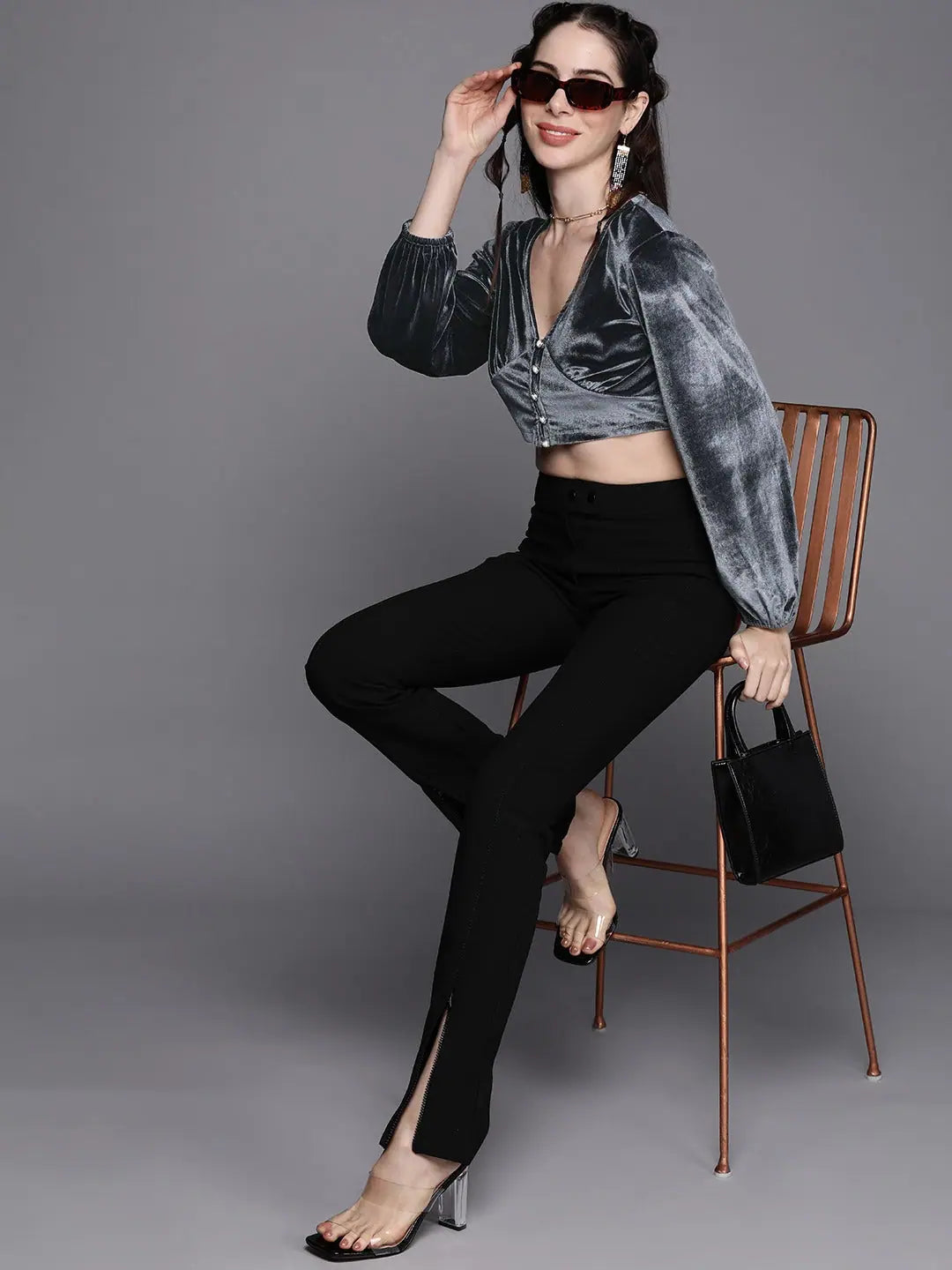 Grey Velvet V-Neck Top - Women's Western Wear Outfits