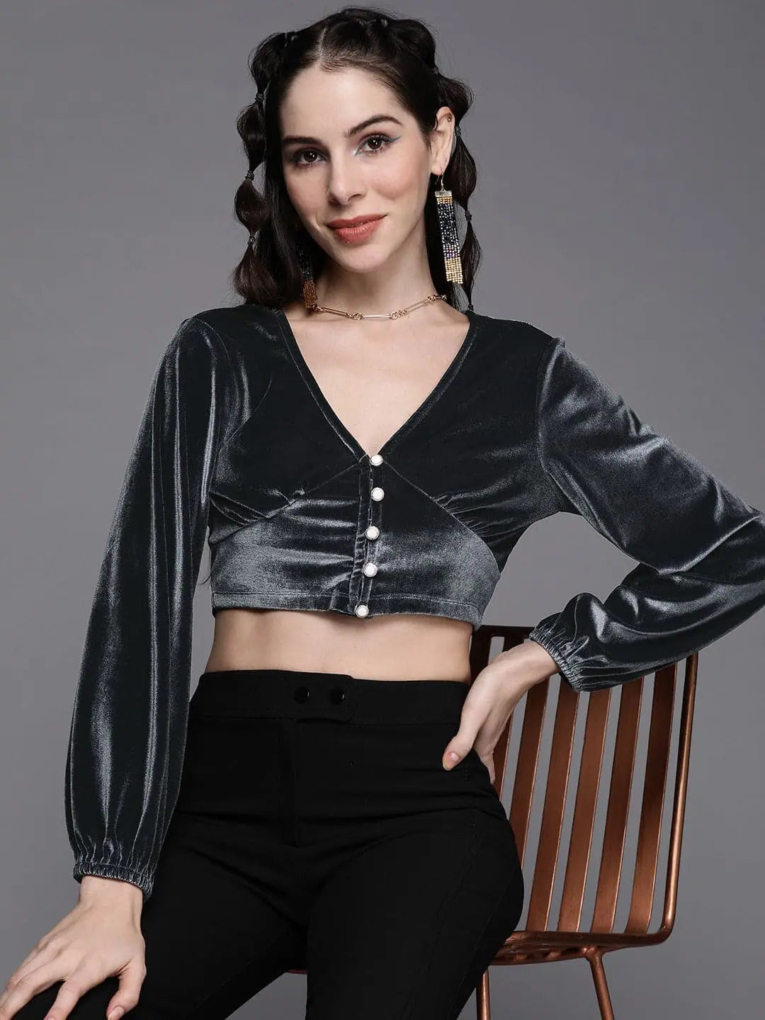 Grey Velvet V-Neck Top - Women's Western Wear Outfits