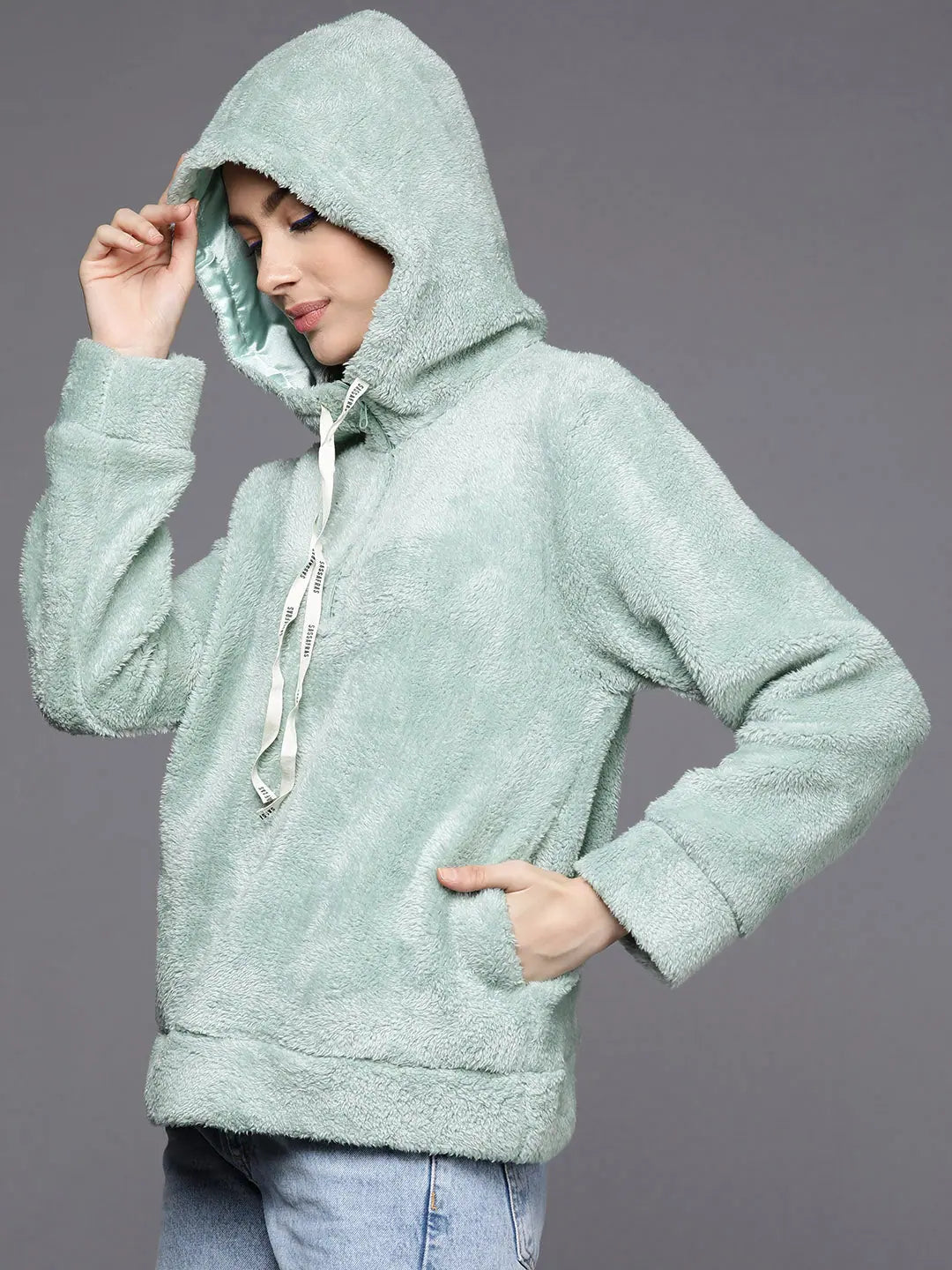 Sea Green Faux Fur Hoodie | Women's Western Wear Outfits