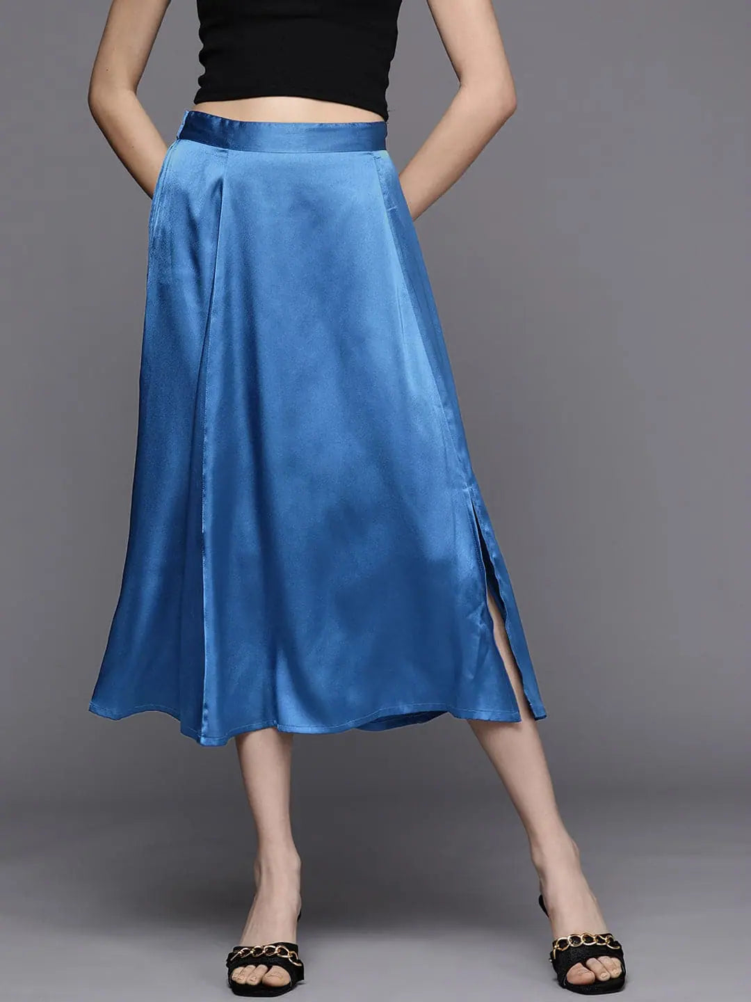Blue Satin Midi Skirt - Designer Lehenga Style for Women!