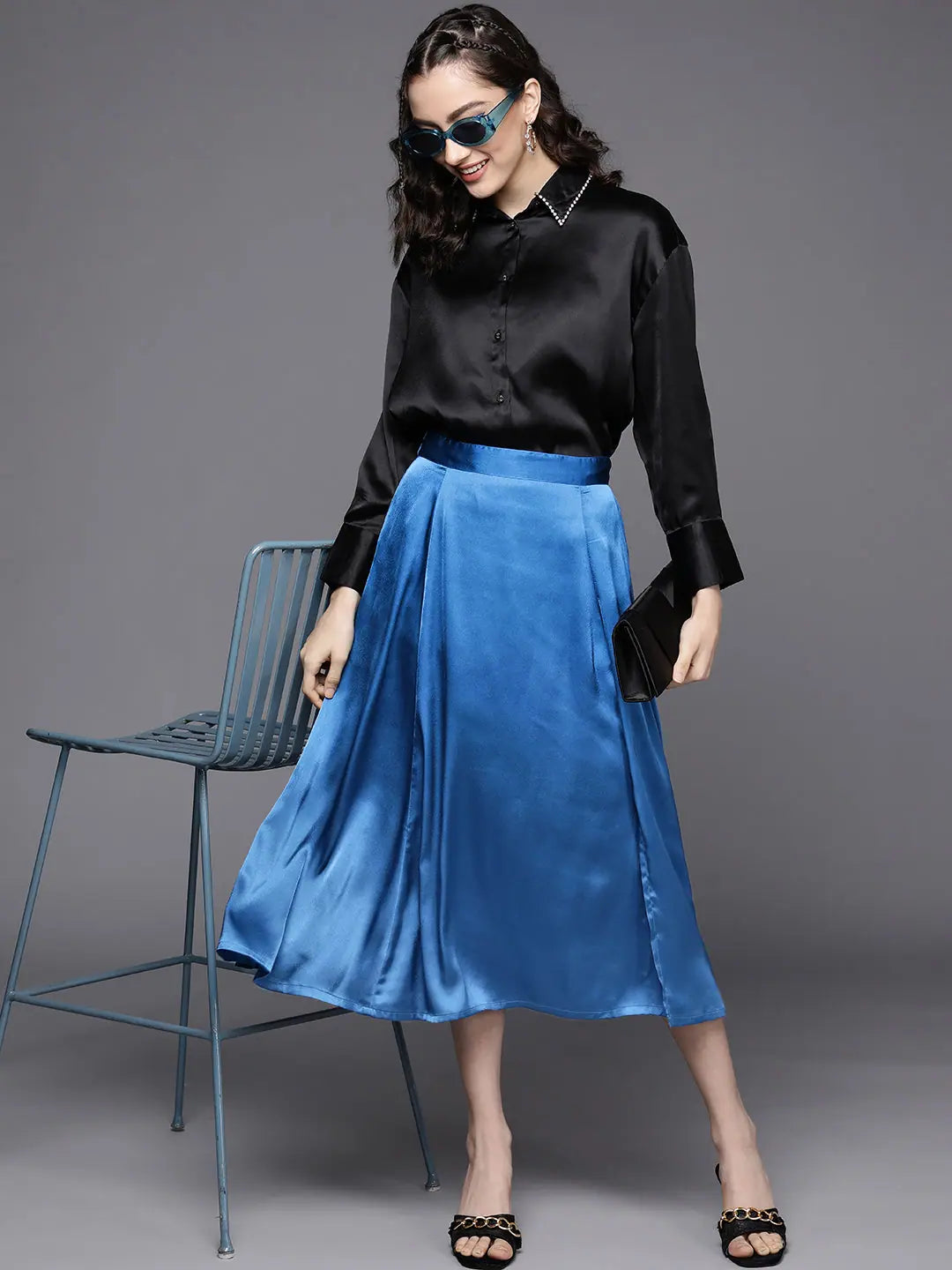 Blue Satin Midi Skirt - Designer Lehenga Style for Women!