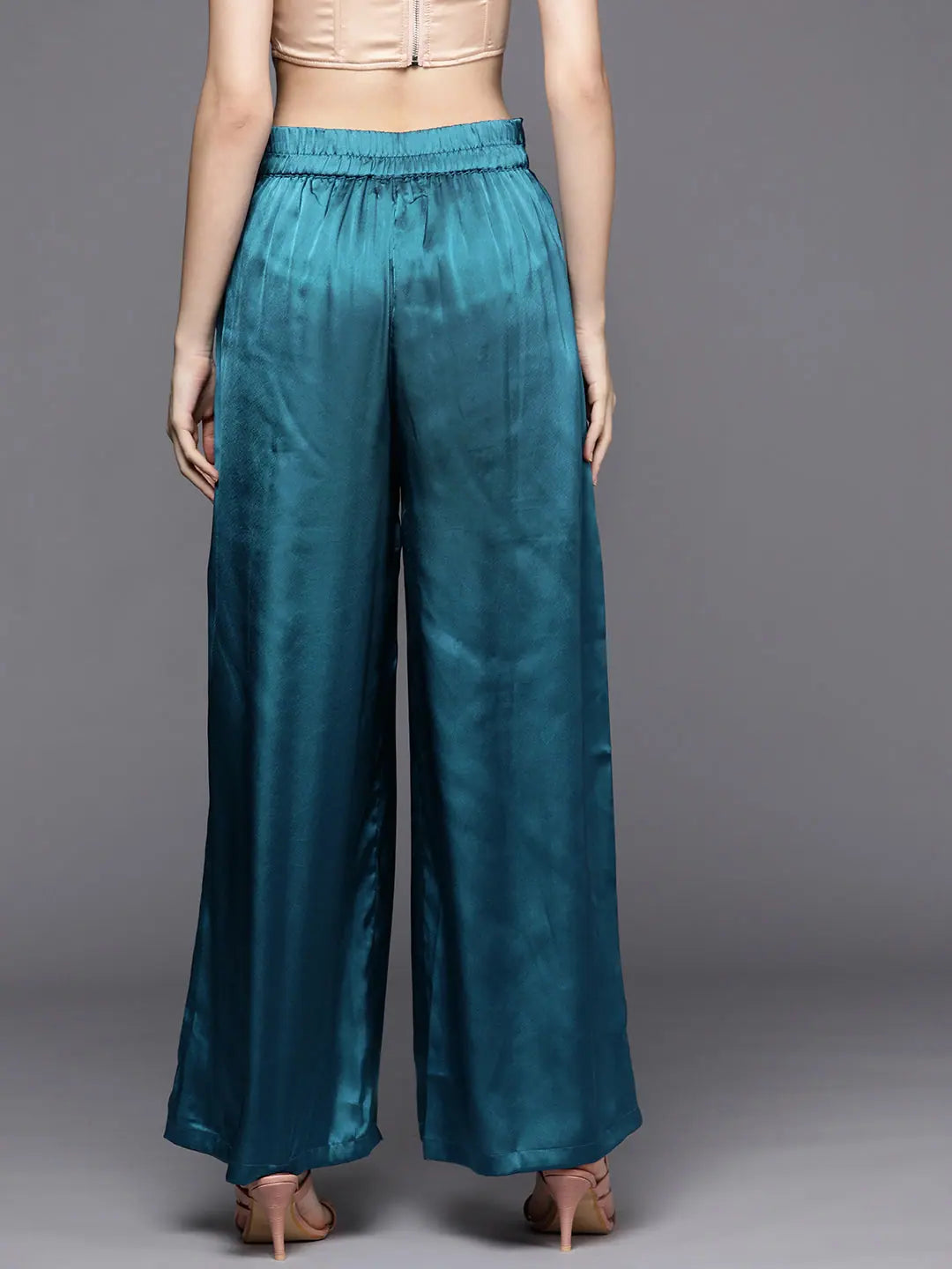 Teal Satin Pleated Wide Leg Pants | Women's Western Clothing