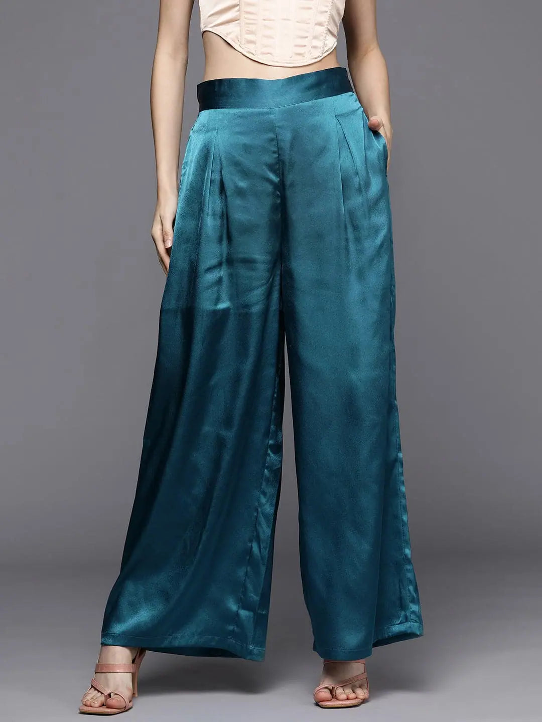 Teal Satin Pleated Wide Leg Pants | Women's Western Clothing
