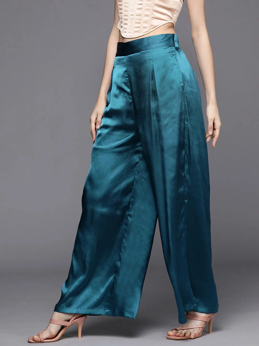 Teal Satin Pleated Wide Leg Pants | Women's Western Clothing