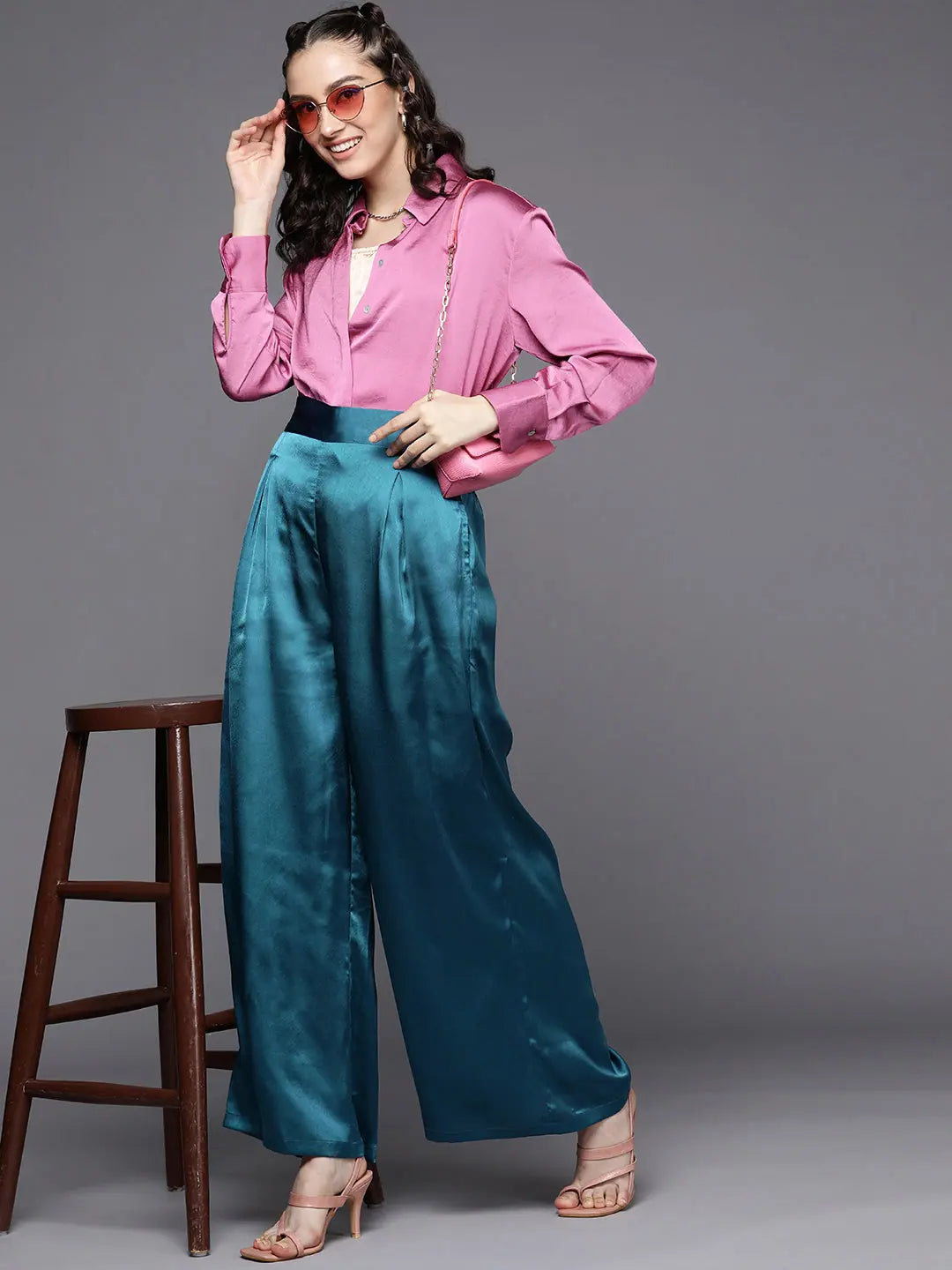 Teal Satin Pleated Wide Leg Pants | Women's Western Clothing