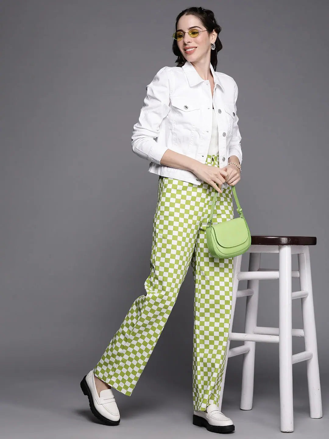 Green Chequerboard Print Straight Pants | Festive Lehenga Style