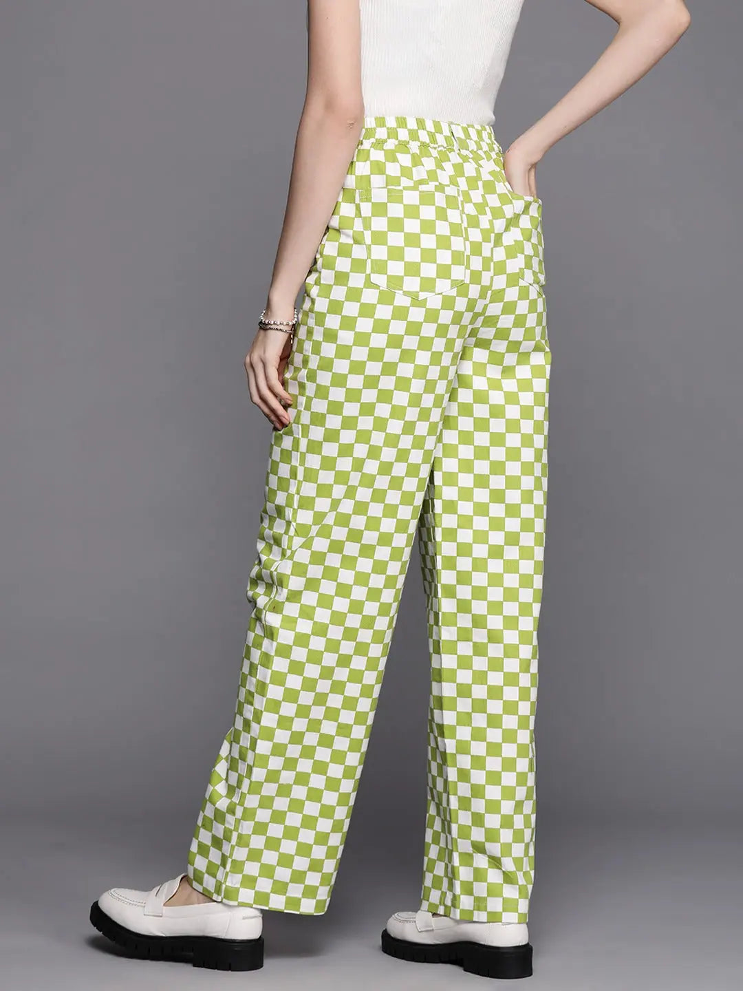 Green Chequerboard Print Straight Pants | Festive Lehenga Style