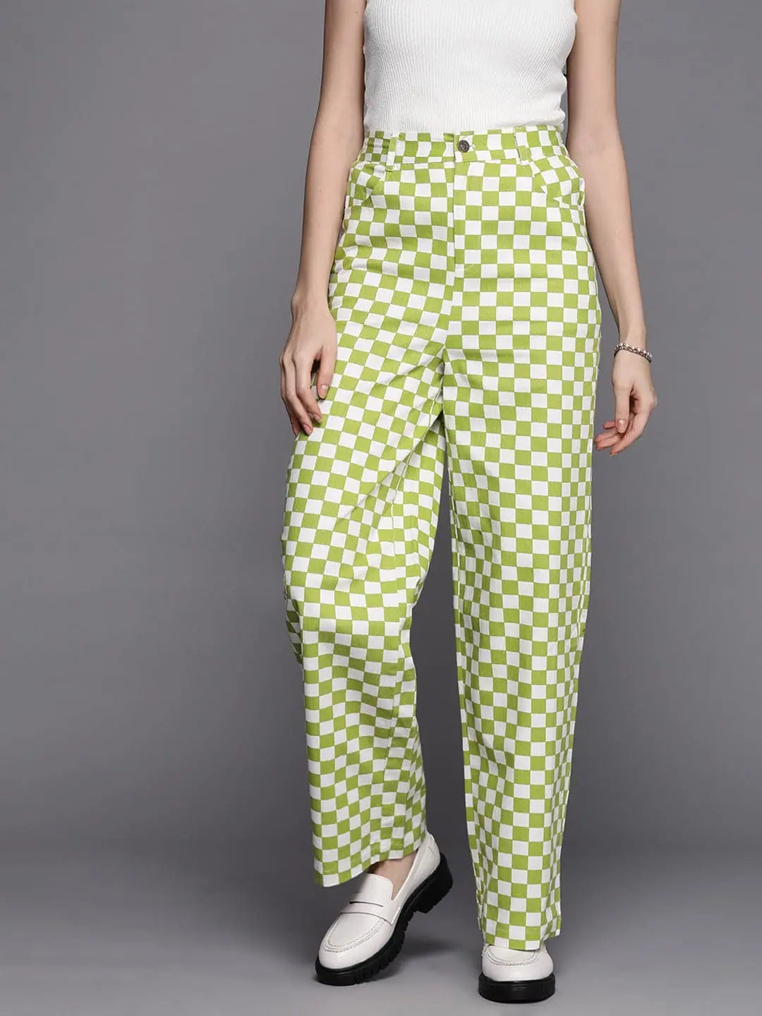 Green Chequerboard Print Straight Pants | Festive Lehenga Style