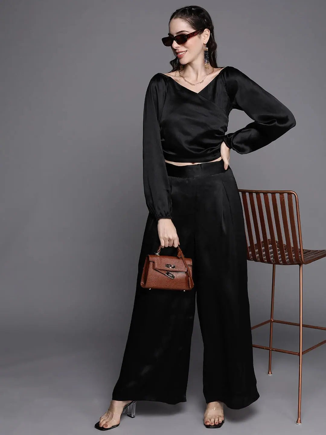 Black Satin Pleated Wide Leg Pants | Party Wear Lehenga Style