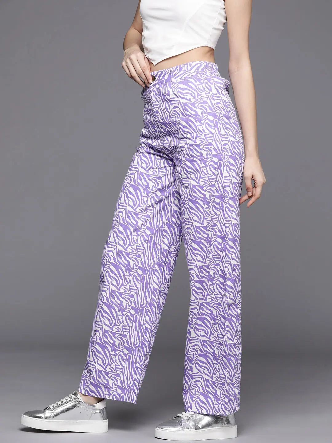 Purple Abstract Print Women's Western Wear Straight Pants