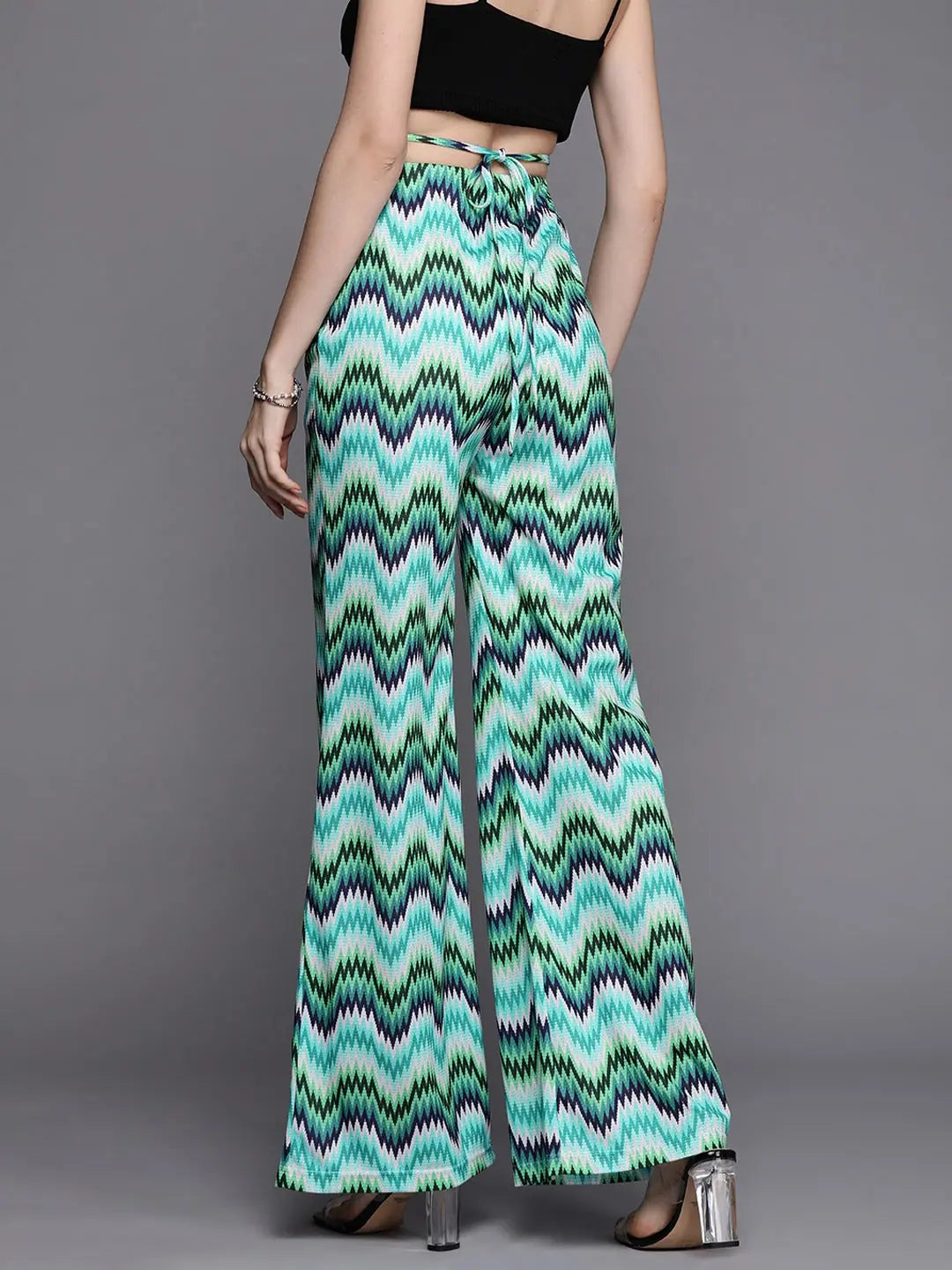 Blue Chevron Bellbottom Pants with Waist Tie - Lehenga for Women