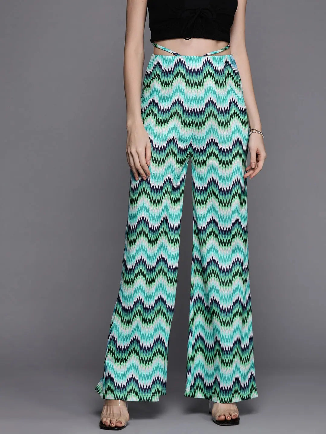 Blue Chevron Bellbottom Pants with Waist Tie - Lehenga for Women
