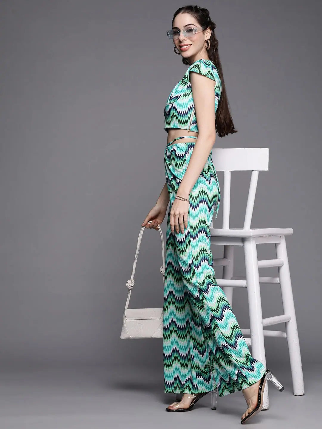 Blue Chevron Bellbottom Pants with Waist Tie - Lehenga for Women