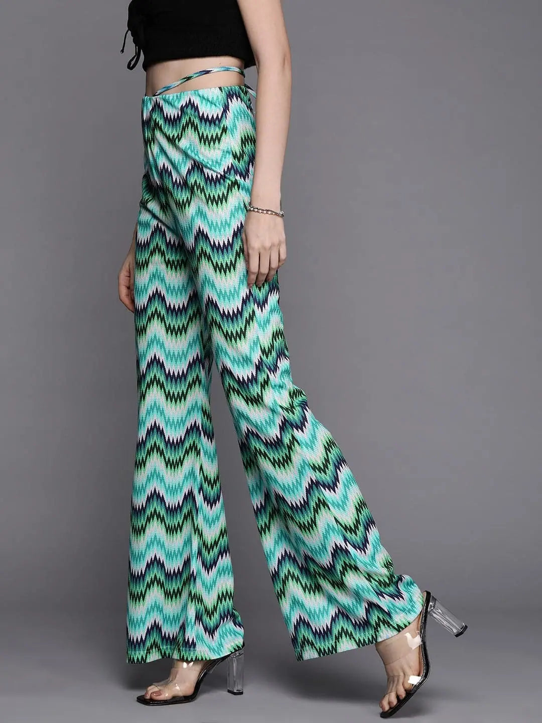 Blue Chevron Bellbottom Pants with Waist Tie - Lehenga for Women