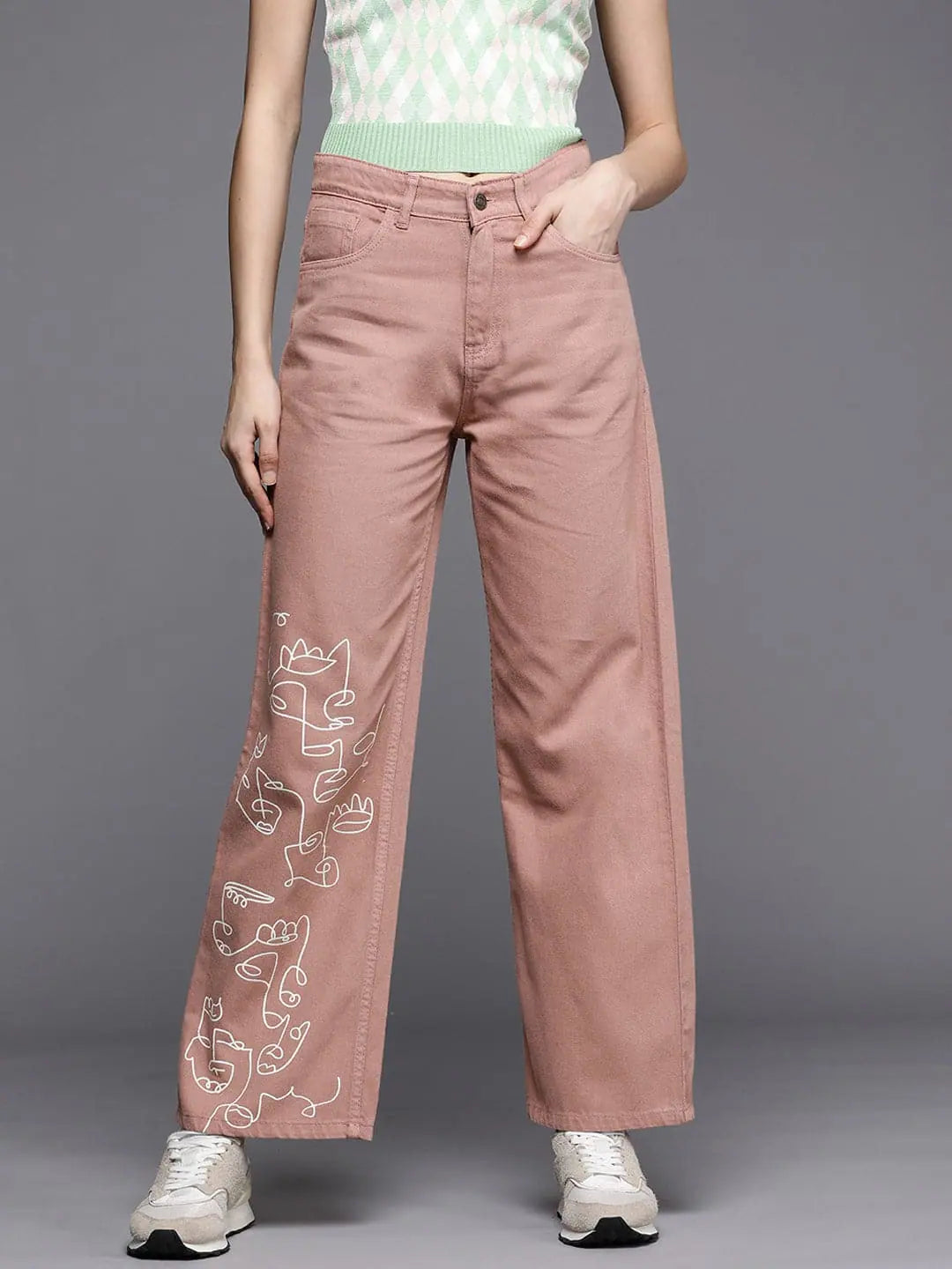 Peach Line Art Print Straight Jeans - Women's Western Wear
