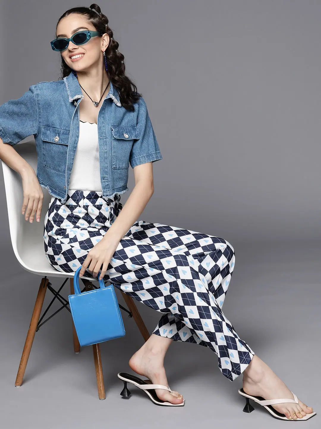 Navy Geometric Print Straight Pants - Women's Western Clothing