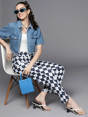 Women Navy Geometric Print Straight Pants