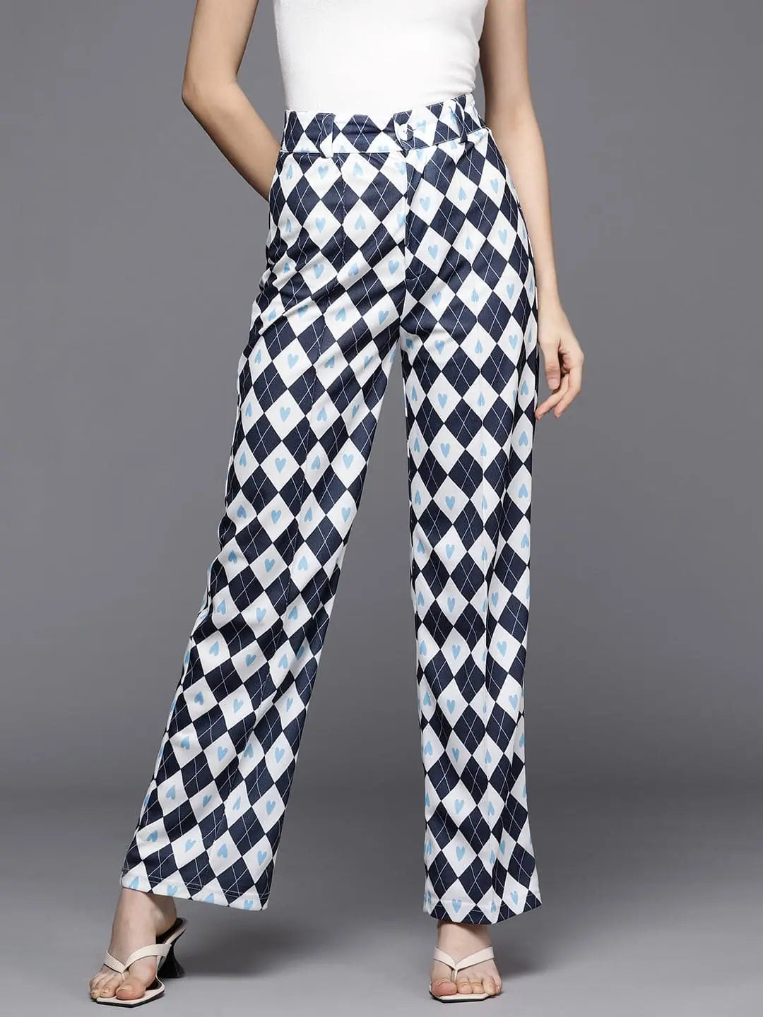 Navy Geometric Print Straight Pants - Women's Western Clothing
