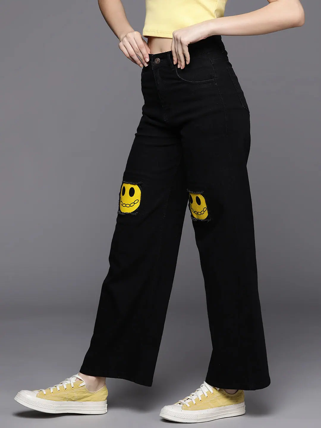 Women Black Smiley Print Straight Jeans - Western Wear