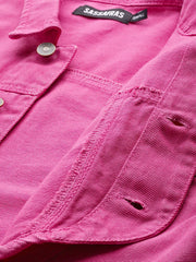 Women Solid Pink Collared Neck Full Sleeve Jacket