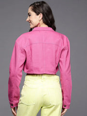 Women Solid Pink Collared Neck Full Sleeve Jacket
