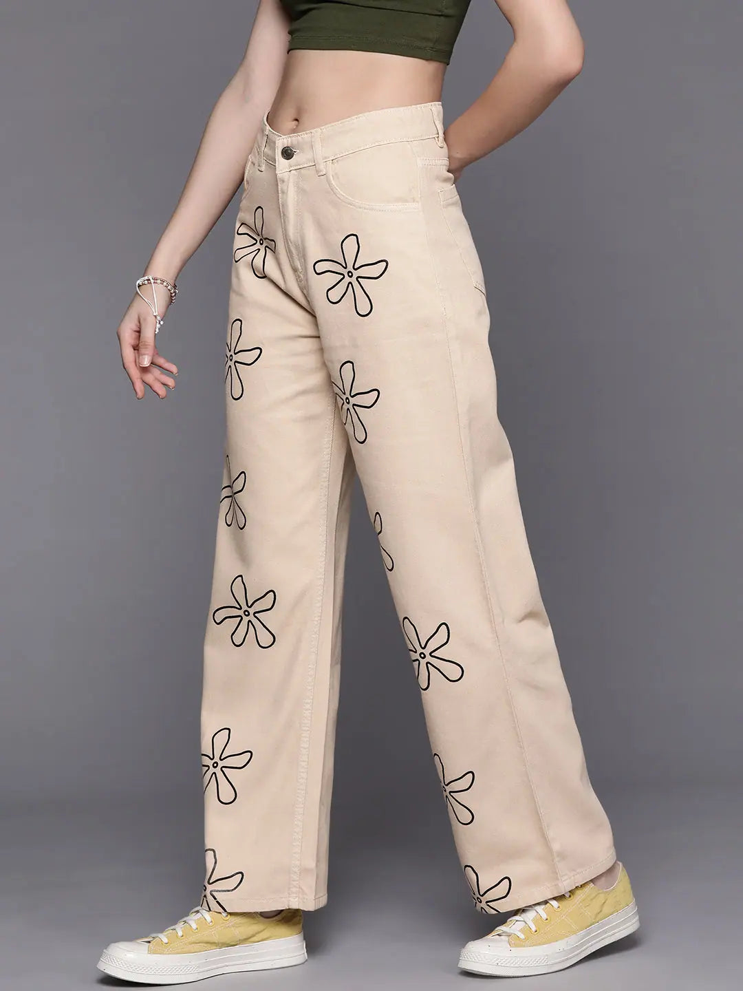 Beige Floral Print Jeans | Women's Western Outfits & Apparel