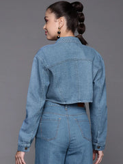 Women Solid Blue Collared Neck Full Sleeve Jacket