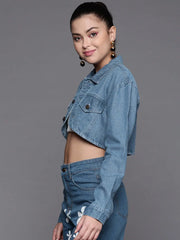 Women Solid Blue Collared Neck Full Sleeve Jacket