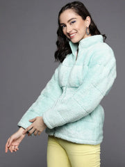Women Solid Blue Full Sleeve Jacket
