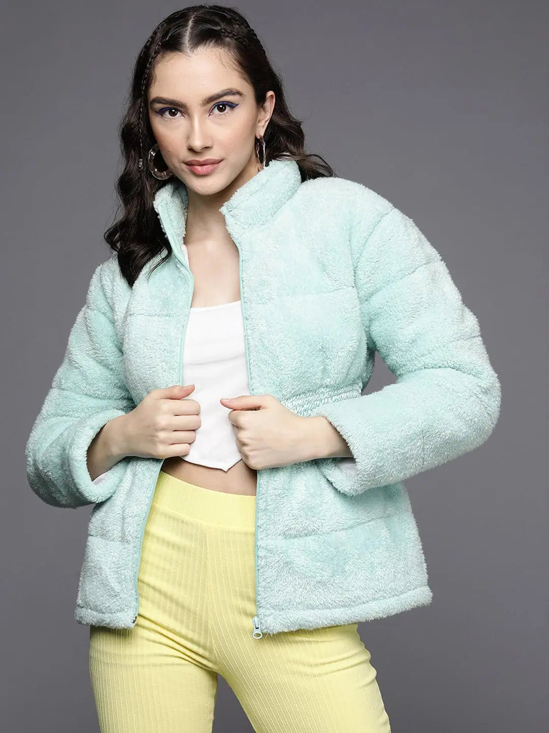 Women's Blue Quilted Fur Jacket | Trendy Women's Outerwear