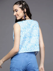 Women Printed Blue Sleeveless Jacket