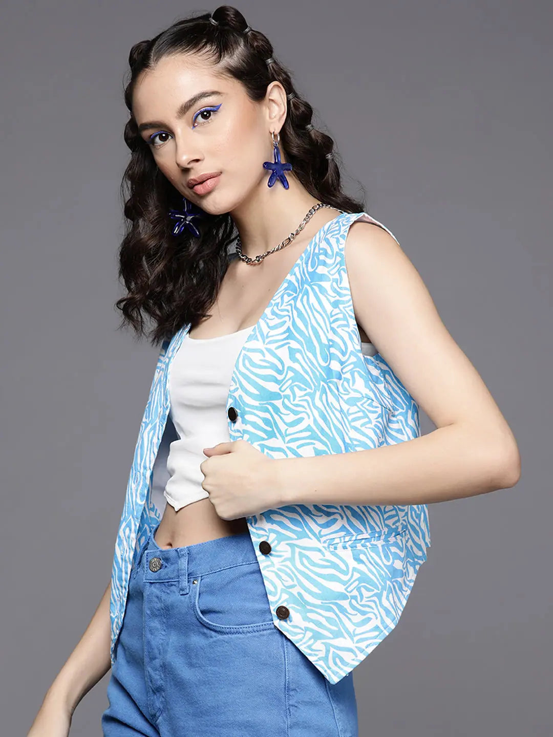 Printed Blue Sleeveless Jacket | Women's Fashion Jackets