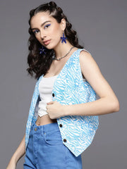 Women Printed Blue Sleeveless Jacket