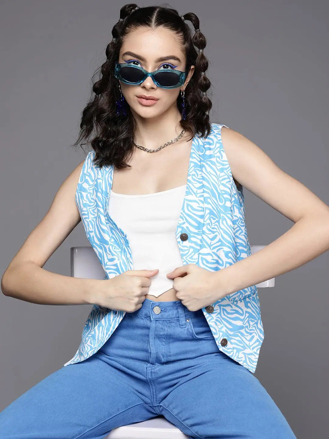 Printed Blue Sleeveless Jacket | Women's Fashion Jackets