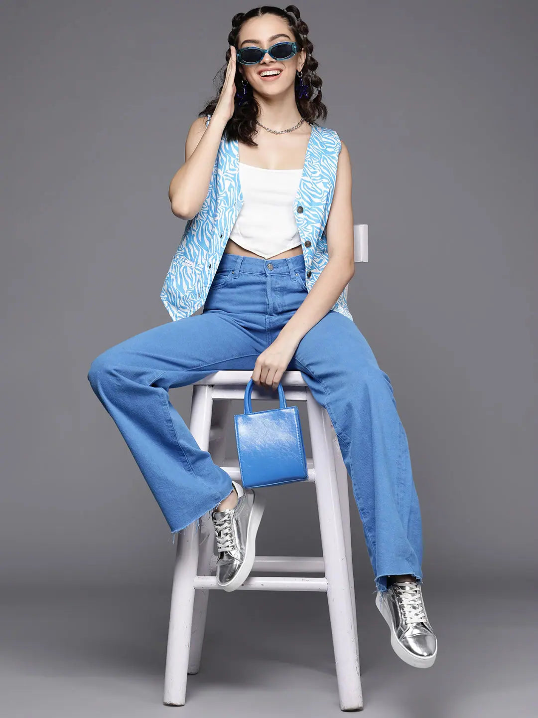Printed Blue Sleeveless Jacket | Women's Fashion Jackets