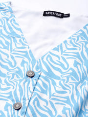 Women Printed Blue Sleeveless Jacket